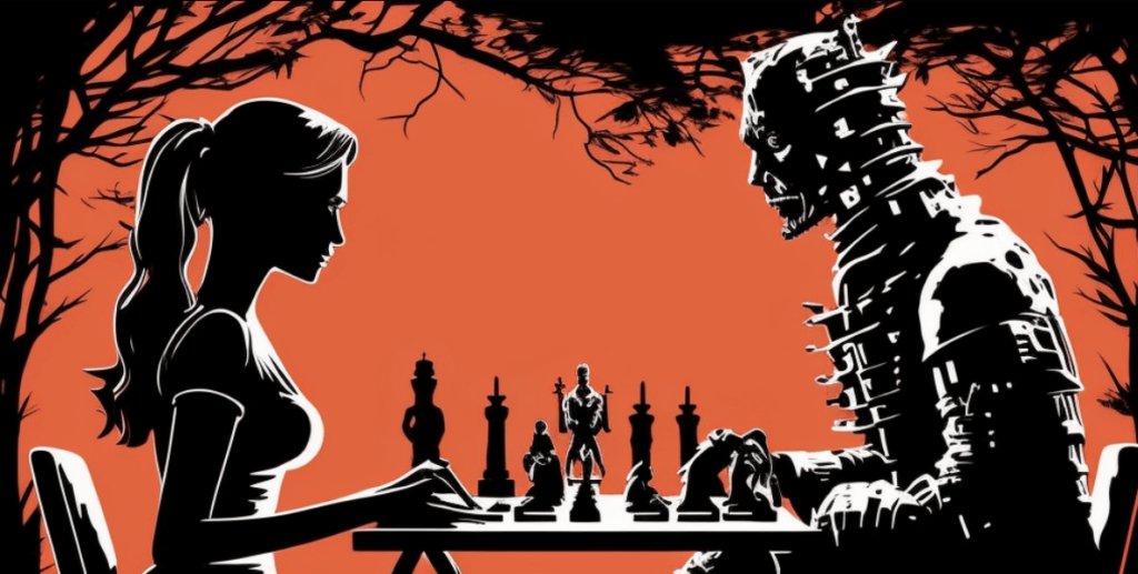 robot and human girl playing chess
