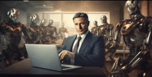businessman with robots helping him in the office