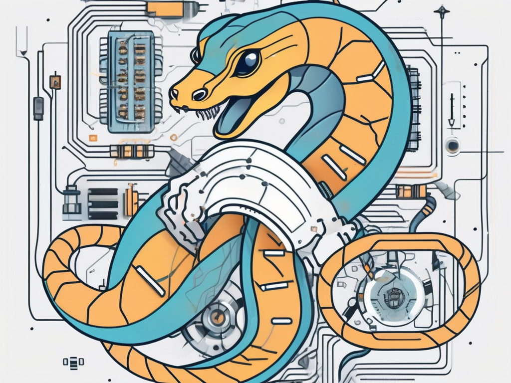 A python snake intertwined with a mechanical generator