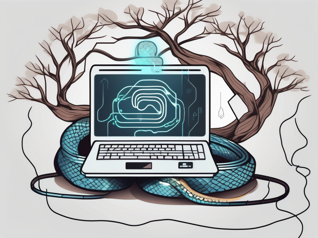 A python snake wrapped around a computer with ai symbols