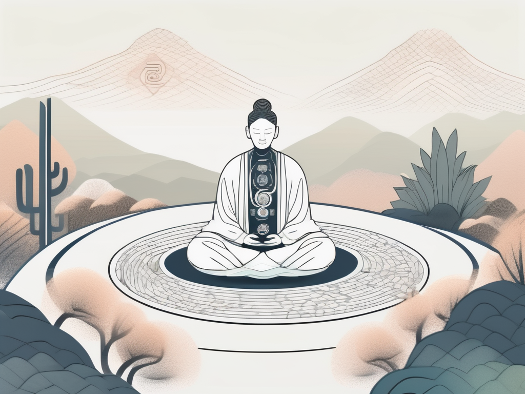 A serene zen garden with python coding symbols subtly integrated into the landscape