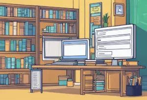 A computer screen displays a chatbot interface with the question "Is it legal to use ChatGPT to write a book?" A bookshelf in the background signifies the context of the question